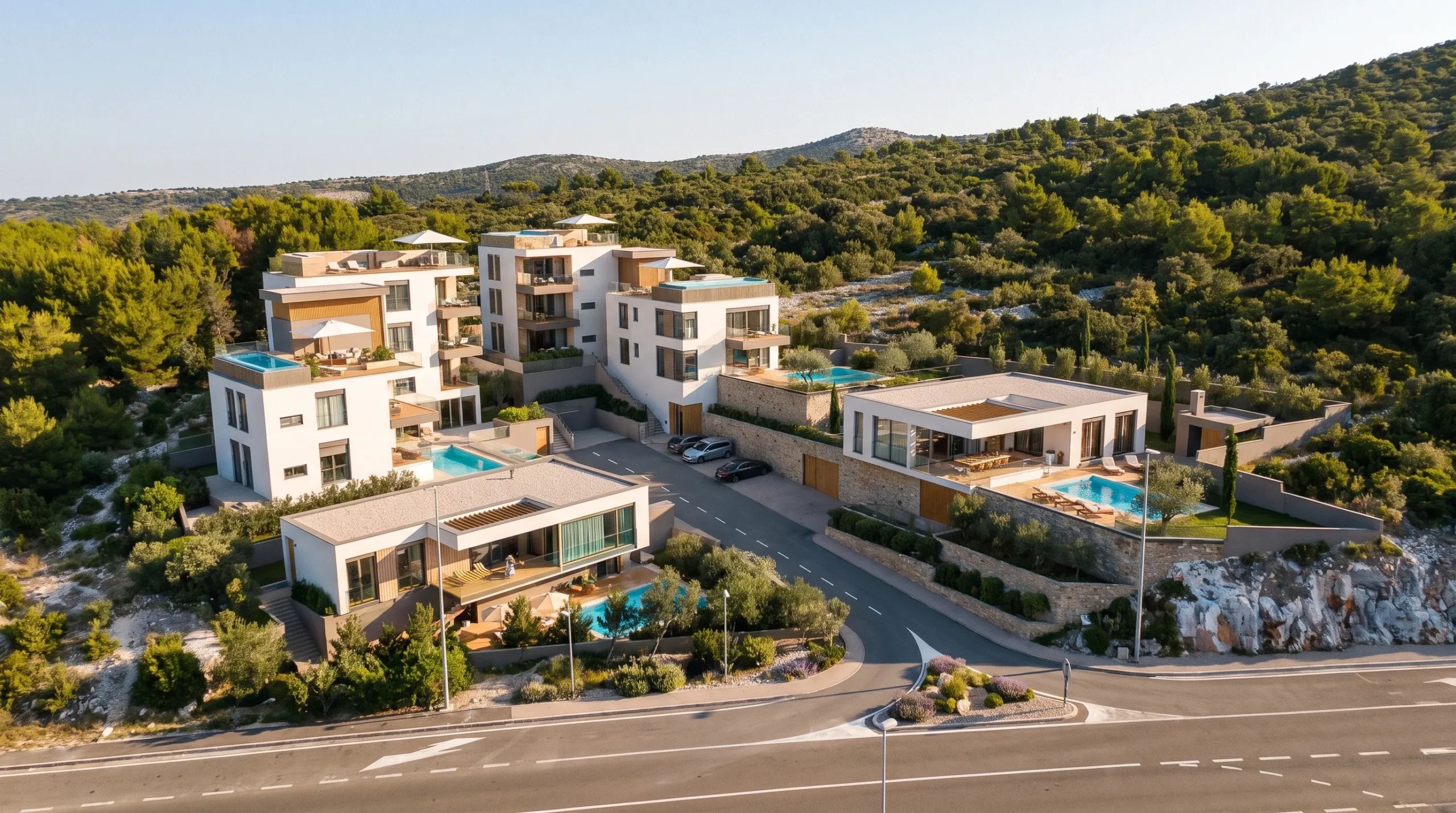 Mirna Luka from the air — apartments and villas on the pine hillside above the coastal road