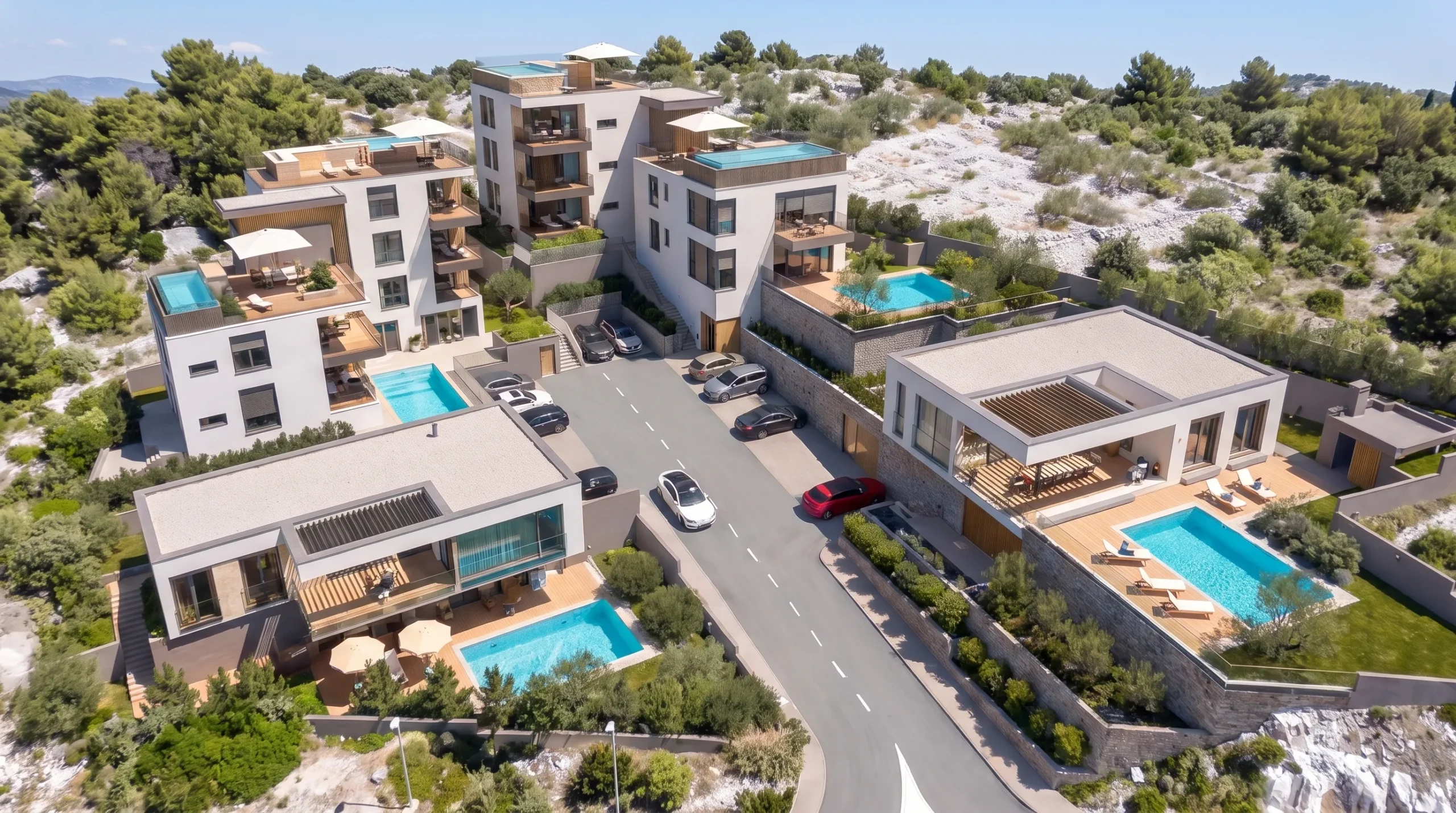 Mirna Luka from above — the residences and their pools along the internal road