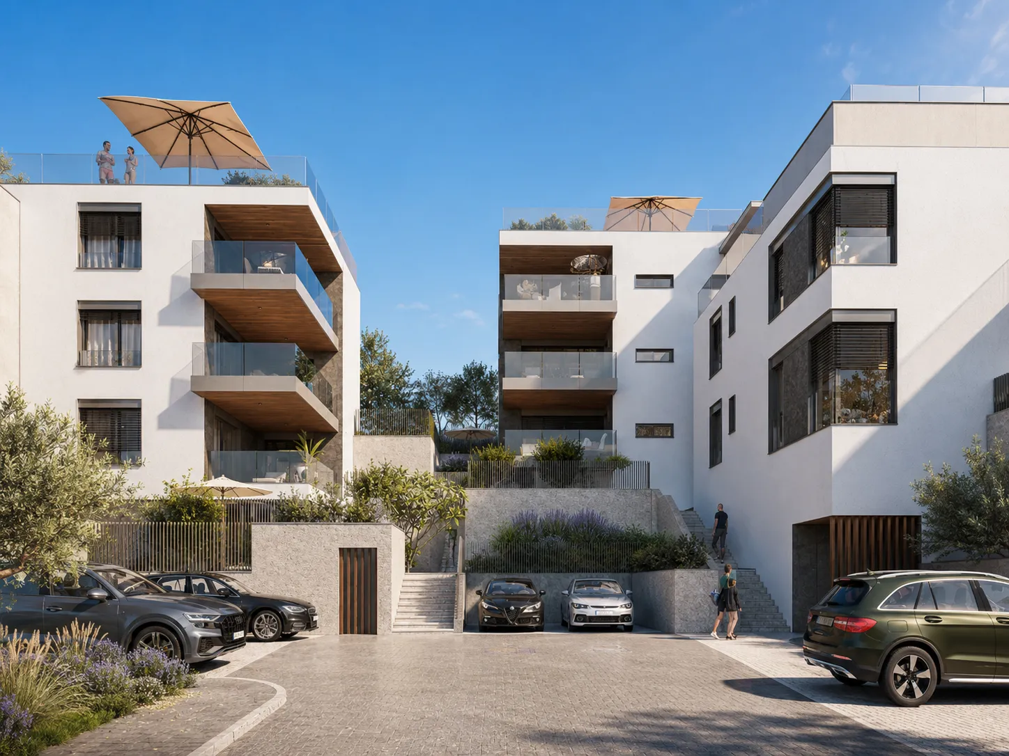 Apartment buildings and parking court at Mirna Luka, balconies and rooftop terraces above