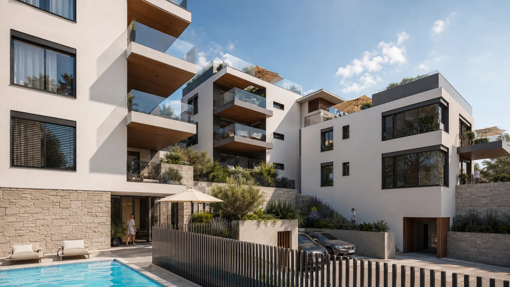 Apartment building at Mirna Luka — balconies, rooftop terraces and a pool at ground level