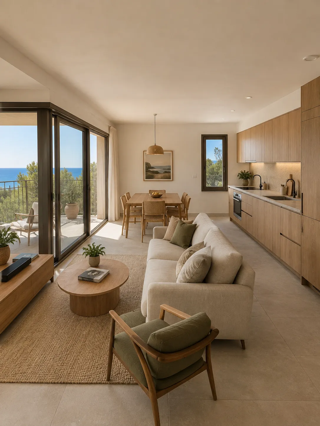 Living, dining and kitchen area with a sea-view balcony