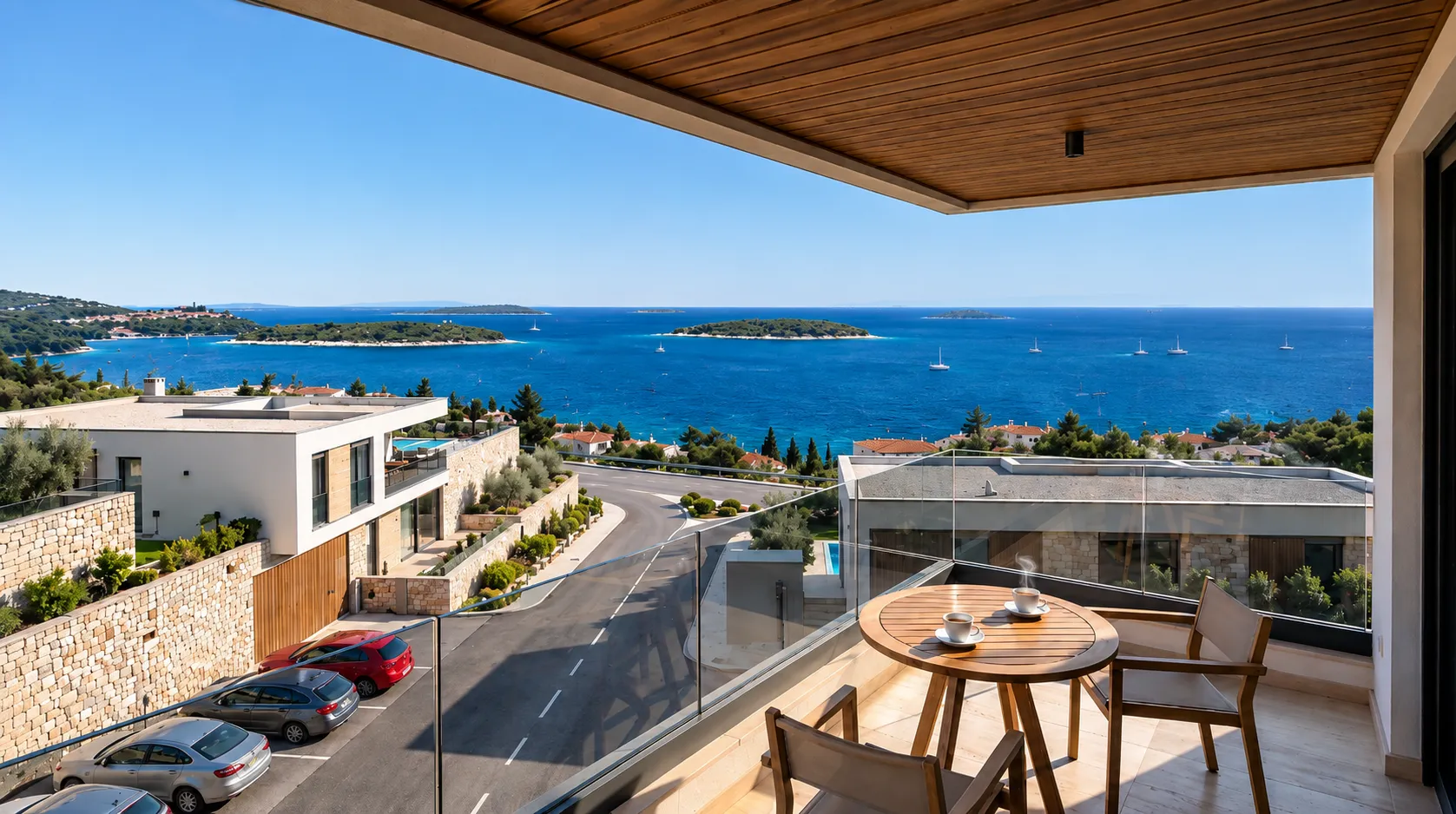 Covered terrace at Mirna Luka looking out to the sea and the islands off Primošten.